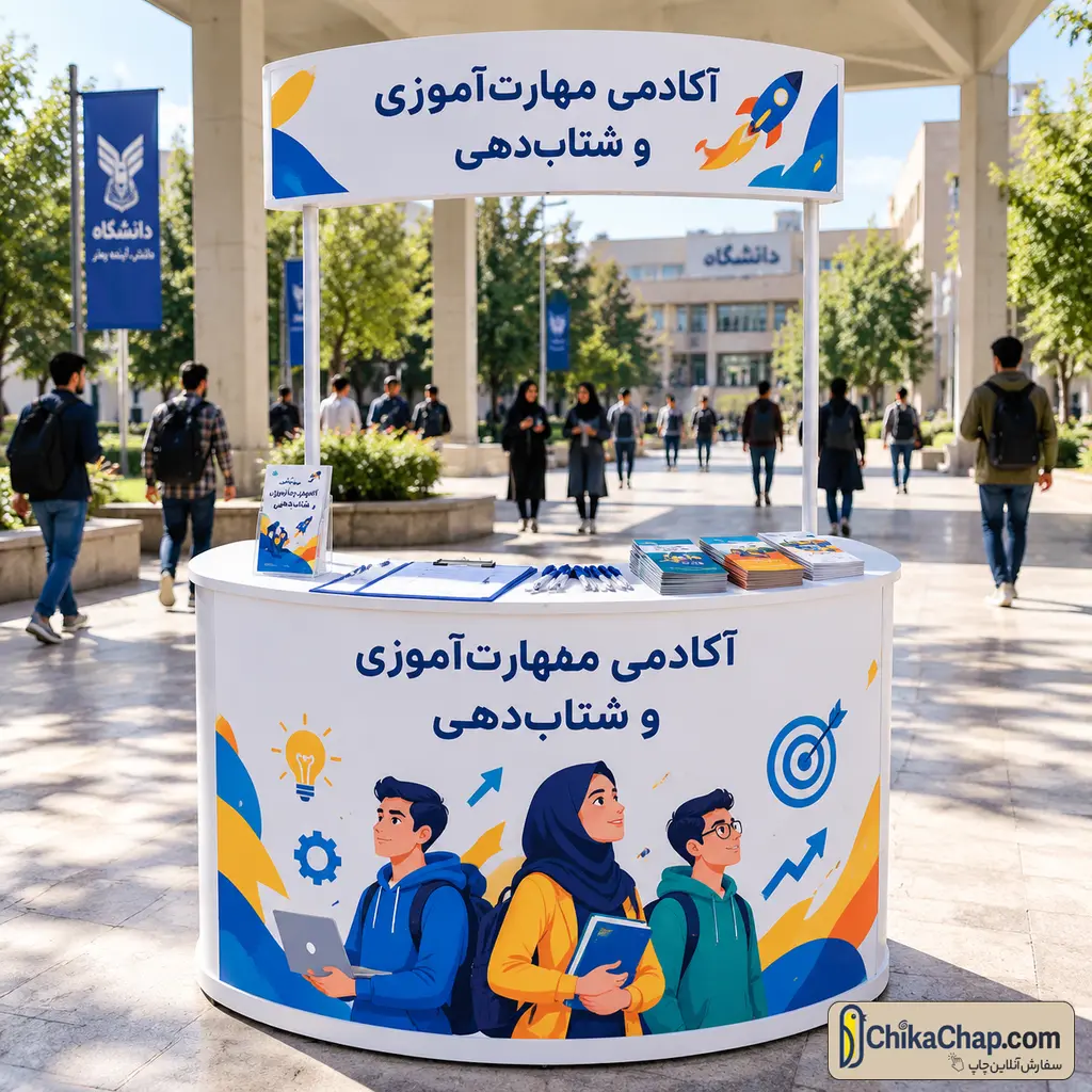 میز مخصوص فرم پر کردن و ثبت نام دانشجویی با تابلوی بالاسری و میله های فلزی محکم
